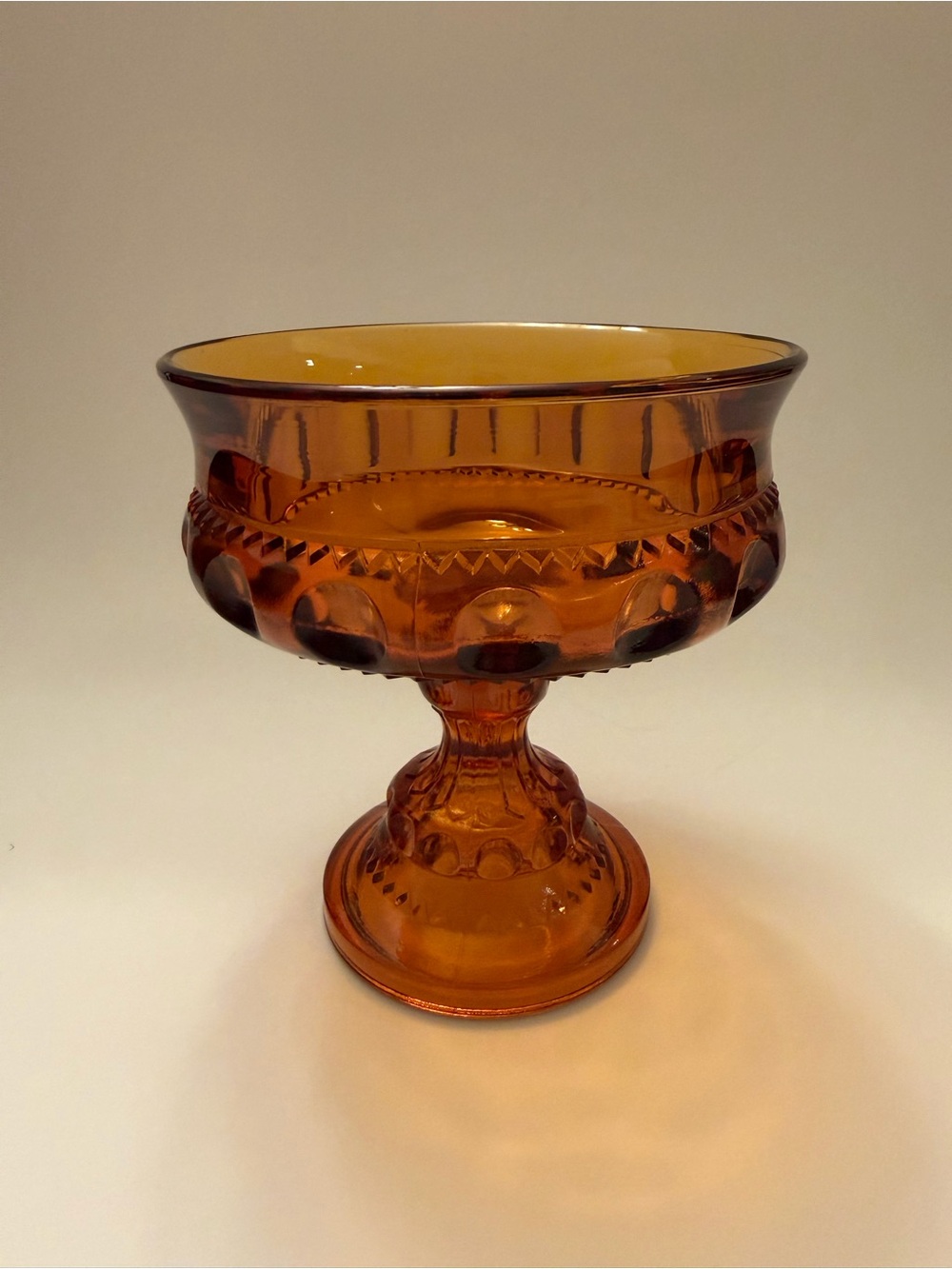 Vintage Amber Indiana Glass Kings Crown Thumbprint Compote Candy Dish No Lid